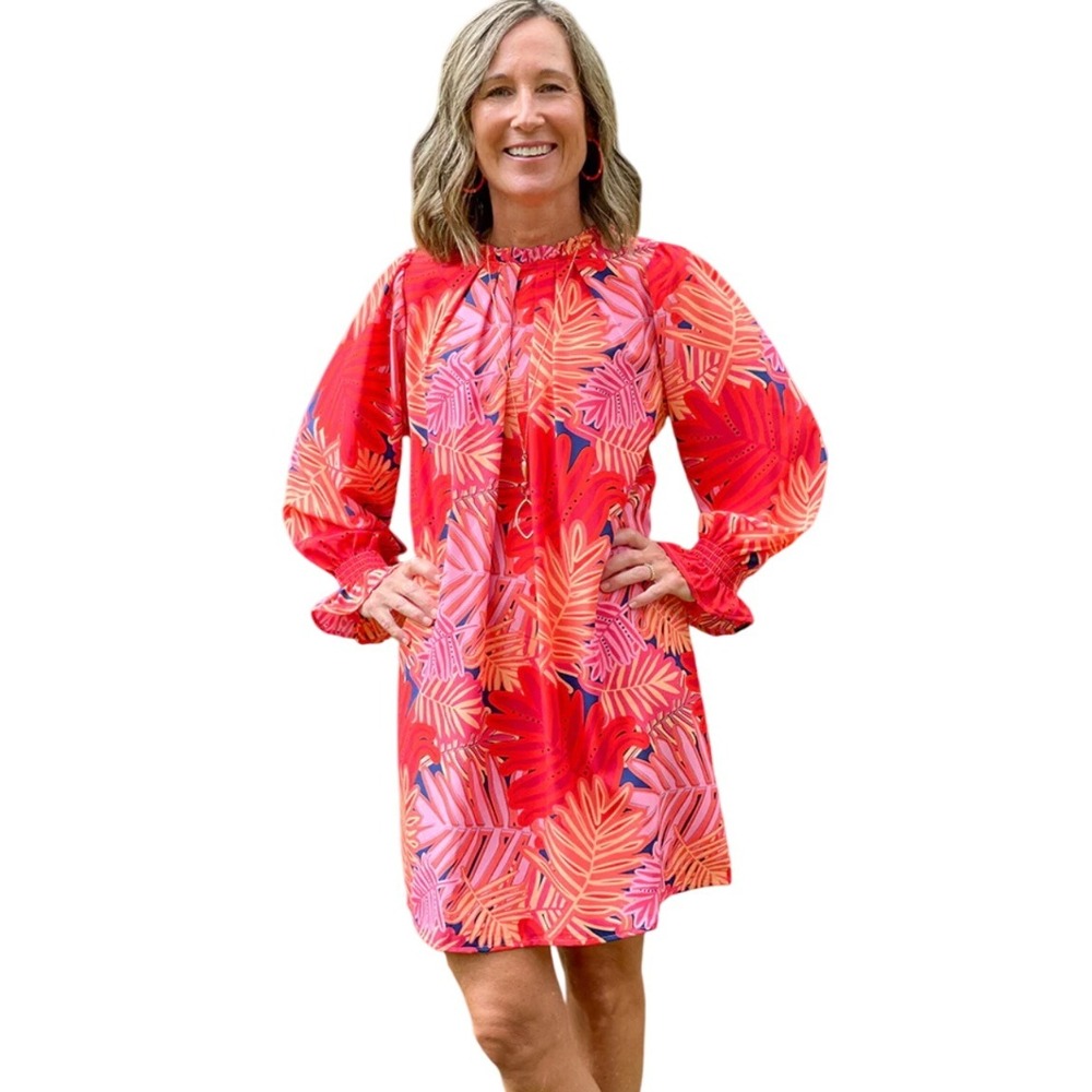 Michelle McDowell Red Pink Tropical Leaf Print Long‎ Sleeve Ruffle Neck Dress M